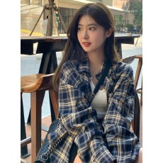 批发幂式穿搭蓝色格子衬衫女慵懒风复古宽松衬衣开衫外套防晒上衣春夏