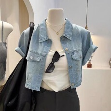 批发浅蓝短款牛仔外套女2026新款小个子短袖宽松显瘦夏季薄款<b class='q'>百搭</b>上衣