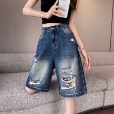 批发街头牛仔风破洞中<b class='q'>裤</b>女2026年夏季薄款高腰宽松显瘦阔腿<b class='q'>裤</b><b class='q'>六分</b>短<b class='q'>裤</b>