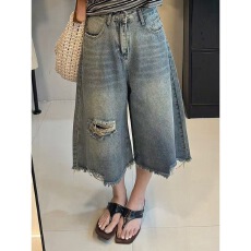 批发美式复古破洞七分牛仔<b class='q'>裤</b>女夏季高腰宽松直筒阔腿<b class='q'>裤</b><b class='q'>不</b>贴<b class='q'>腿</b>五分短<b class='q'>裤</b>