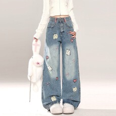 批发美式复古卡通爱心刺绣牛仔<b class='q'>裤</b>女阔<b class='q'>腿</b>春季新款设计感宽松休闲直筒<b class='q'>裤</b>
