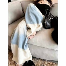批发2026新款慵懒风高腰显瘦宽松阔腿牛仔裤<b class='q'>女</b>蓝色休闲直筒长裤<b class='q'>大码</b>