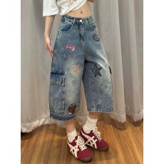 批发可爱猫贴布刺绣工装牛仔短裤<b class='q'>女</b>2026年夏季新款多口袋七分裤