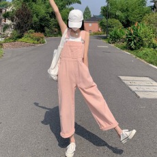盐甜系韩版粉色背带裤女夏新款小个子宽松直筒阔腿休闲牛仔连体裤