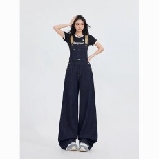 批发深蓝色背带<b class='q'>裤</b>女2026春夏新款美式宽松显瘦百搭阔腿直筒牛仔<b class='q'>连身</b><b class='q'>裤</b>