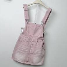 批发粉色高腰减龄牛仔<b class='q'>背带</b>短裙女夏季时尚洋气百搭A字半身连体半身裙