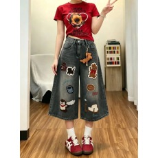 美式复古卡通毛巾刺绣弯刀七分牛仔裤女潮牌宽松百搭阔腿直筒短裤