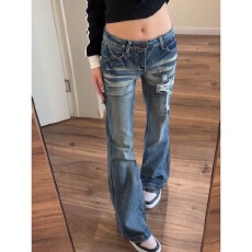 美式复古薄款破洞牛仔裤女2026夏季新款不贴腿设计感显瘦微喇叭裤