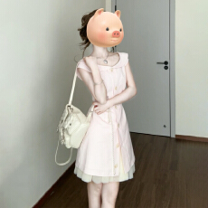 批发2025新款法式甜美少女感粉色娃娃领<b class='q'>连衣裙</b>子女夏收腰气质衬衫短裙