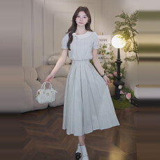 批发法式蓝色条纹娃娃领气质长裙女2025新款小个子巨好看的掐腰<b class='q'>连衣裙</b>