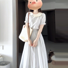 批发法式蓝色条纹娃娃领气质长裙女2025新款小个子巨好看的掐腰<b class='q'>连衣裙</b>