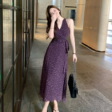 批发海边度假高级感吊带波点紫色<b class='q'>连衣裙</b>子女夏季2025新款流行爆款长裙