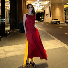 批发法式红色无袖背心连衣裙子女夏季2025新款海边度假高级感气质长裙