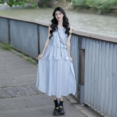 批发法式气质<b class='q'>蓝色</b><b class='q'>连衣裙</b>子女夏季2025新款海边度假巨好看绝美沙滩长裙
