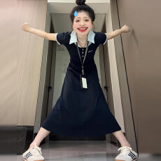 批发韩系学院风翻领<b class='q'>假两件</b>短袖连衣裙子女夏季设计感收腰气质<b class='q'>衬衫</b>长裙