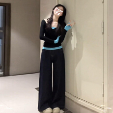 批发美式辣妹假两件长袖t恤女2025新款收腰修身撞色拼接打底衫上衣