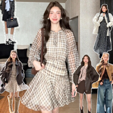 批发法式高级感长袖格纹<b class='q'>连衣裙</b>子女早秋季2025新款小个子气质雪纺短裙