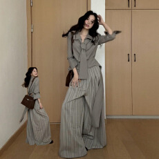 批发早秋季韩系通勤<b class='q'>职业</b>穿搭一整套ootd<b class='q'>衬衫</b>阔脚裤两件套装女2025新款