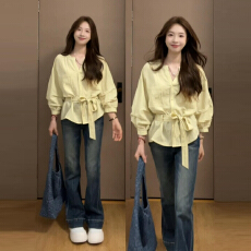 批发法式气质黄色长袖衬衫上衣女2025新款早秋高级感穿搭减龄<b class='q'>防晒</b>衬衣