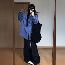 批发蓝色<b class='q'>格子</b>衬衫外套女2025早秋季新款法式上衣冷淡系高级感衬衣小衫