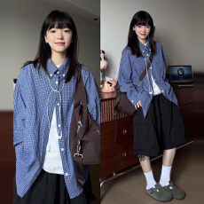 批发法式蓝色<b class='q'>格子</b>长袖衬衫外套女早秋季2025年新款小个子宽松衬衣上衣