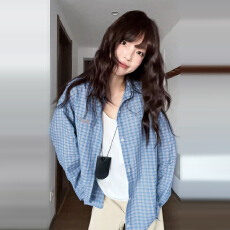 批发韩系慵懒蓝色<b class='q'>格子</b>长袖<b class='q'>衬衫女</b>早秋2025新款衬衣外套法式设计感上衣