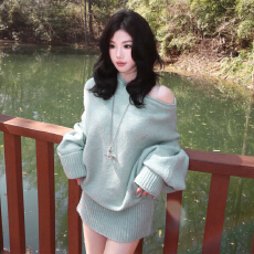 批发早秋蓝色斜肩长袖针织毛衣<b class='q'>连衣裙</b>子女秋冬季2025新款法式短裙套装