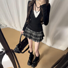 批发法式学院风黑色长袖连衣裙子女早秋季2025新款小个子气质短裙套装