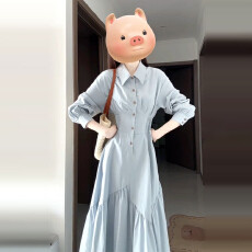 批发法式蓝色长袖衬衫连衣裙子女早秋季2025新爆款温柔风收腰气质长裙