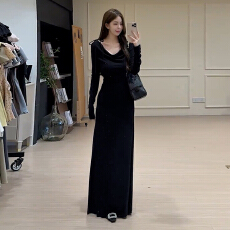 批发法式赫本风黑色<b class='q'>长</b>袖连衣<b class='q'>裙子</b>女早秋2025新款大方得体荡领收腰<b class='q'>长</b><b class='q'>裙</b>