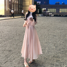 批发法式粉色温柔V领千金风<b class='q'>长</b>袖连衣<b class='q'>裙子</b>女2025新款早秋女装仙女<b class='q'>长</b><b class='q'>裙</b>