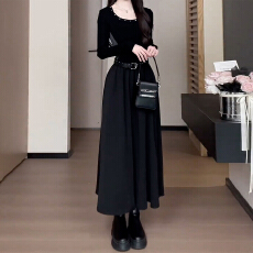 批发法式赫本风黑色<b class='q'>长</b>袖针织连衣<b class='q'>裙子</b>女2025秋季新款收腰显瘦气质<b class='q'>长</b><b class='q'>裙</b>