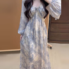 批发2025新款法式温柔风碎花<b class='q'>长</b>袖连衣<b class='q'>裙子</b>女早秋季小个子气质收腰<b class='q'>长</b><b class='q'>裙</b>