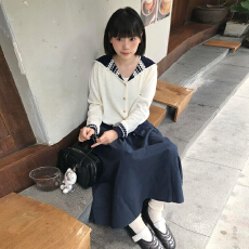 批发2025新款早秋学院风海军领针织开衫搭配半身裙两件套小个子连衣裙