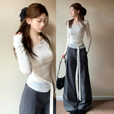 批发2025新款不规则白色长袖t恤女<b class='q'>上衣</b>早秋季韩系氛围感穿搭一整套<b class='q'>装</b>