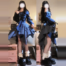 批发早秋季法式<b class='q'>复古</b>蓝色格子连衣裙子女2025新款不规则<b class='q'>长裙</b>两件套装