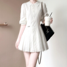 批发韩系学院风白色Polo领长袖<b class='q'>衬衫</b>连衣裙子女早秋2025新款小个子短裙