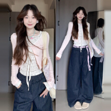 批发蓝色<b class='q'>碎花</b>假两件针织衫女2025新款早初秋季韩系氛围感穿搭长袖上衣