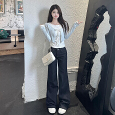 批发蓝色<b class='q'>碎花</b>假两件针织衫女2025新款早初秋季韩系氛围感穿搭长袖上衣