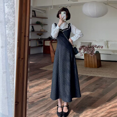 批发学院风<b class='q'>假两件</b>长袖<b class='q'>连衣裙</b>子女早秋季2025新款气质收腰显瘦a字长裙