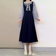 批发法式<b class='q'>假两件</b>蓝色长袖<b class='q'>连衣裙</b>子女2025春秋季新款学院风秋冬气质长裙