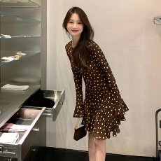批发早秋咖色波点长袖<b class='q'>连衣裙</b>子女2025新款独特漂亮高级感穿搭<b class='q'>春秋</b>短裙