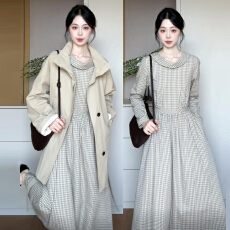 批发法式绝美格子长袖连衣裙子女早秋季2025新款独特漂亮掐腰显瘦长裙