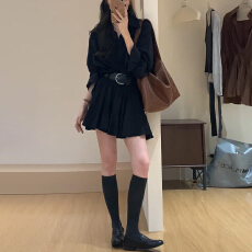 批发秋季流行法式松弛感穿搭黑色长袖衬衫连衣裙子女秋季新款漂亮短裙