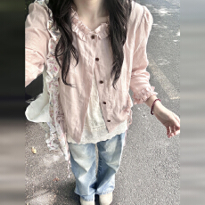 批发早秋韩系氛围感穿搭一整套粉色木耳边<b class='q'>衬衫</b><b class='q'>碎花</b>裙子套装女2025新款