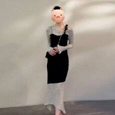 批发韩系假两件斜肩针织连衣裙子女早秋季2025新款高级感鱼尾包臀<b class='q'>长裙</b>