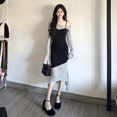 批发韩系假两件斜肩针织连衣裙子女早秋季2025新款高级感鱼尾包臀<b class='q'>长裙</b>