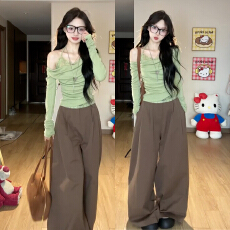 批发韩系chic假两件斜肩荡领长袖t恤女早秋季别致蕾丝挂脖打底衫上衣