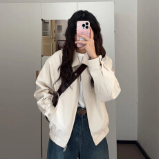 批发韩系杏色工装夹克外套短款女2025年早秋新款小个子翻领<b class='q'>棒球</b>服春秋