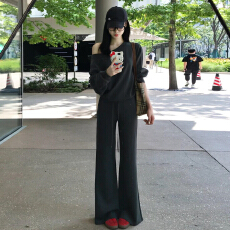 批发早秋巨好看灰色高级感穿搭一整<b class='q'>套装</b>女2025新款斜肩卫衣长<b class='q'>裤</b>两件套